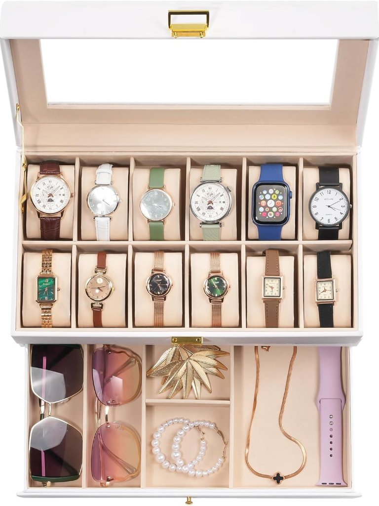 Watch Box 12 Slot Mens Watch Case With Drawer 2Layer Watch Display Case With